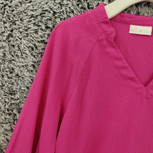 Belle Kim Gravel Womens Gauzy Preppy Lightweight Top L Hot Pink Textured VNeck - Picture 7 of 16